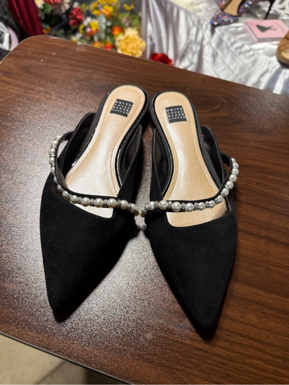 White House Black Market Black Pearl-Trim Pointed Toe Mules
